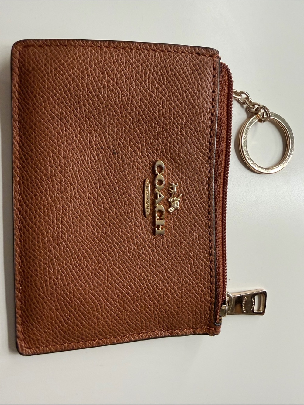 COACH Brown Pebbled Leather Zip Card Holder with Keyring